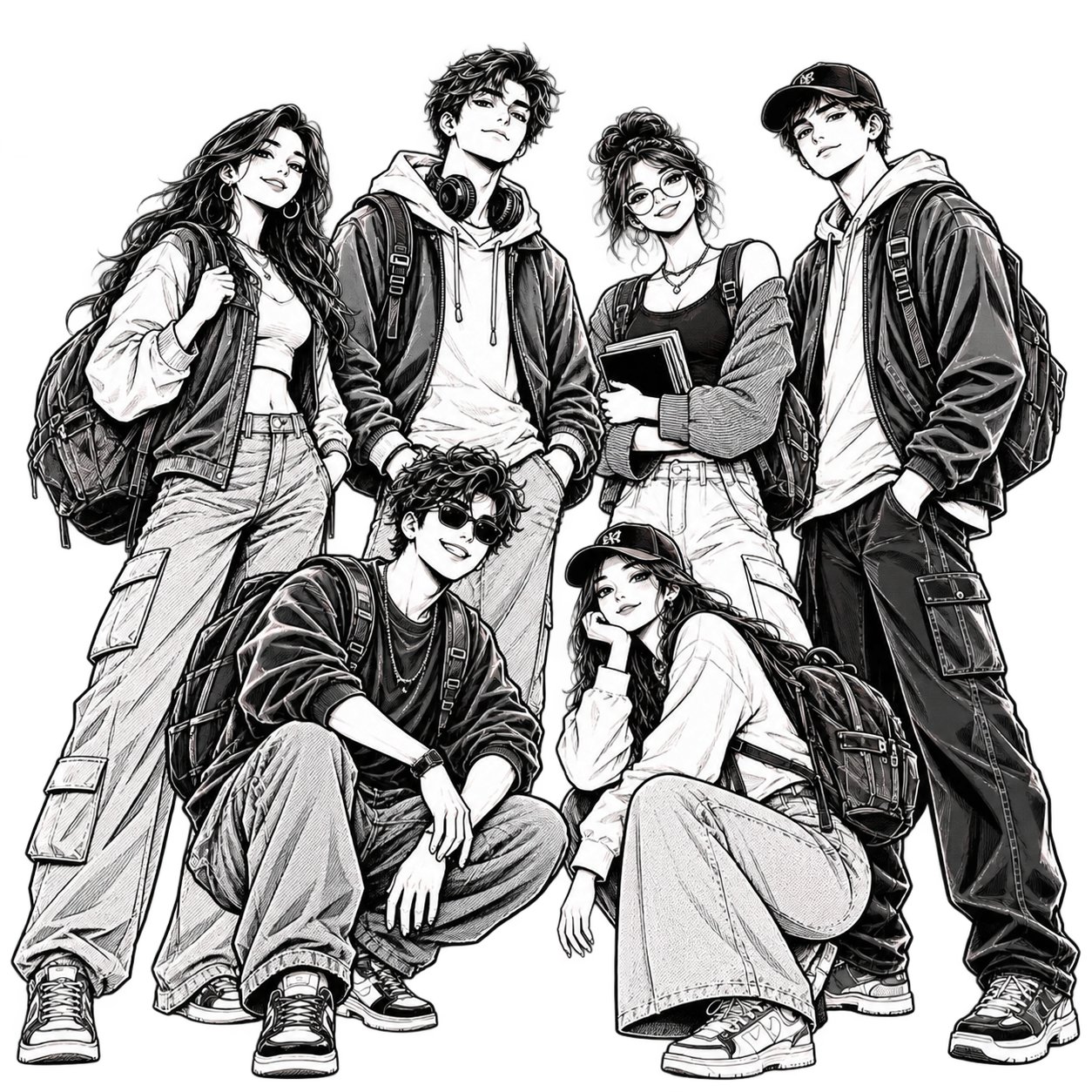 BACHAOO manga line art illustration of rebellious youth crew